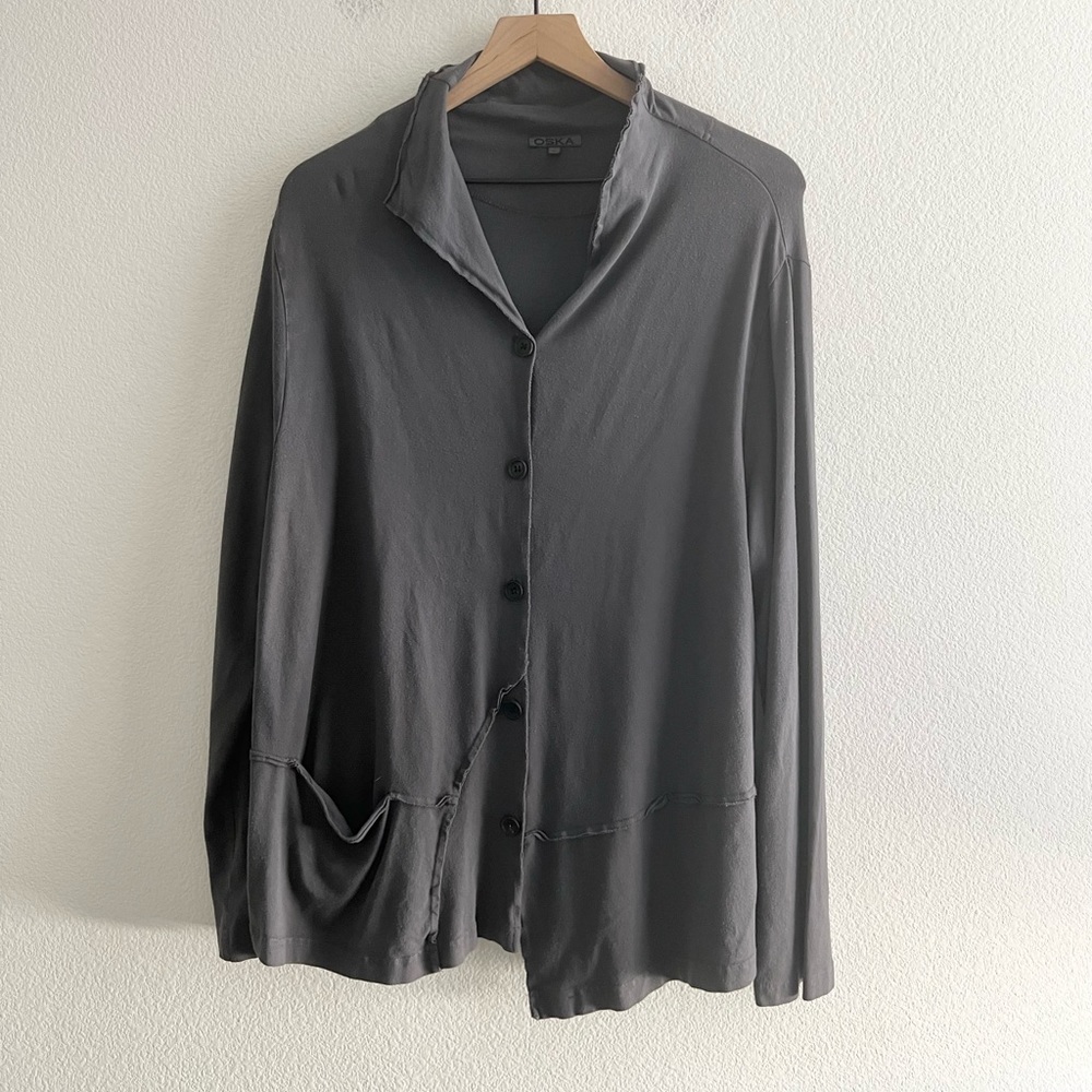 OSKA Asymmetrical Lagenlook Button Down Cardigan Jacket